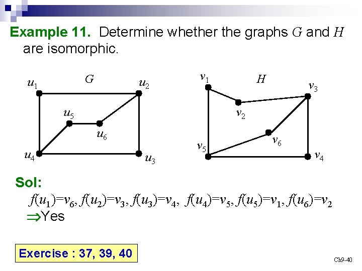 Example 11. Determine whether the graphs G and H are isomorphic. G u 1