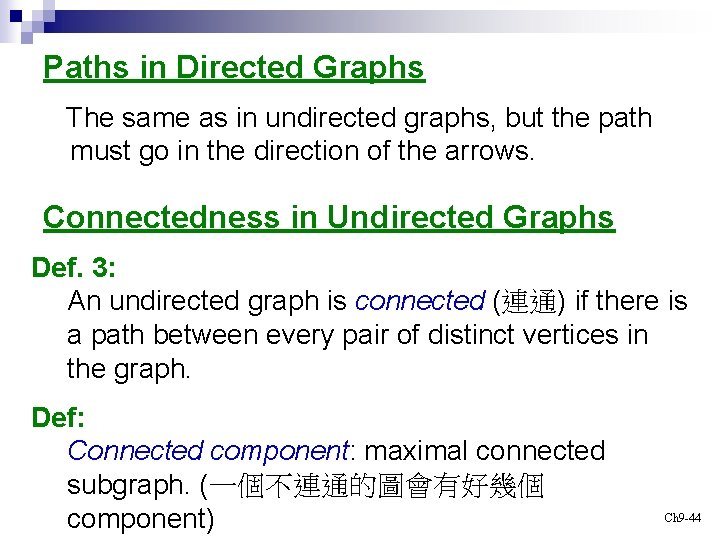 Paths in Directed Graphs The same as in undirected graphs, but the path must