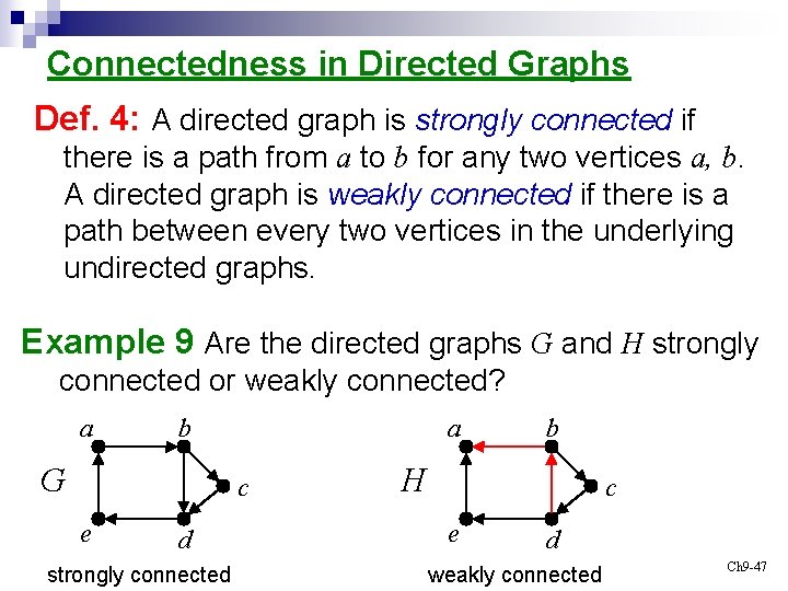 Connectedness in Directed Graphs Def. 4: A directed graph is strongly connected if there