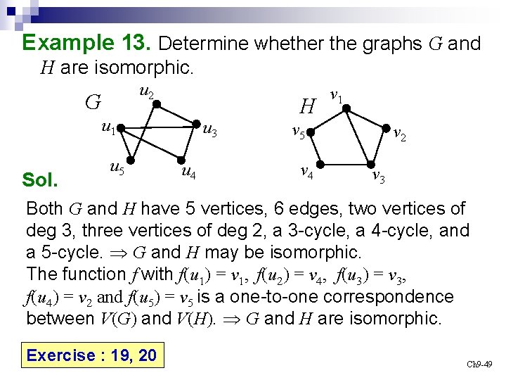 Example 13. Determine whether the graphs G and H are isomorphic. u 2 G