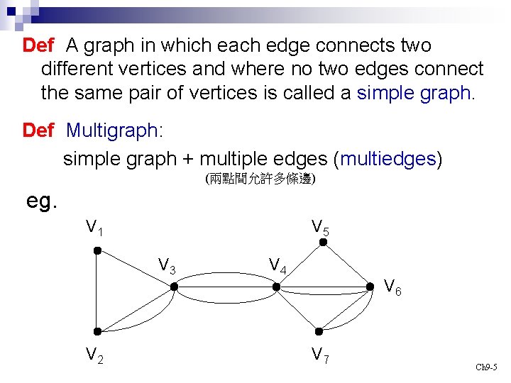 Def A graph in which each edge connects two different vertices and where no