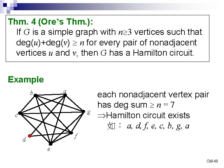 Thm. 4 (Ore’s Thm. ): If G is a simple graph with n 3