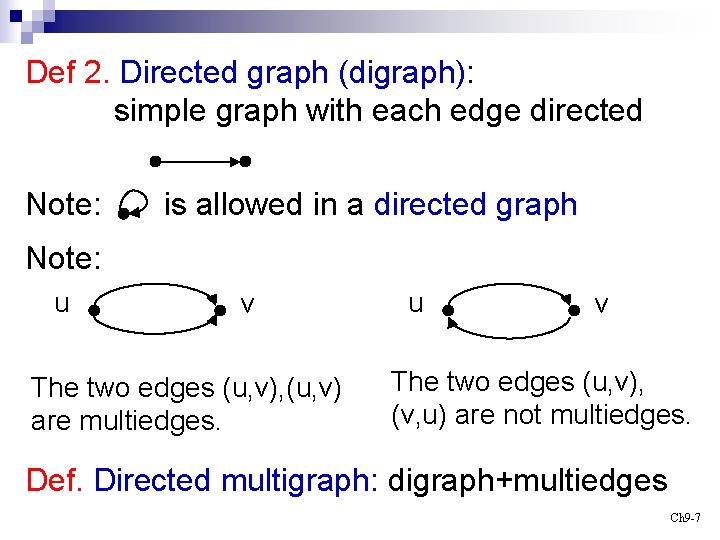 Def 2. Directed graph (digraph): simple graph with each edge directed Note: is allowed