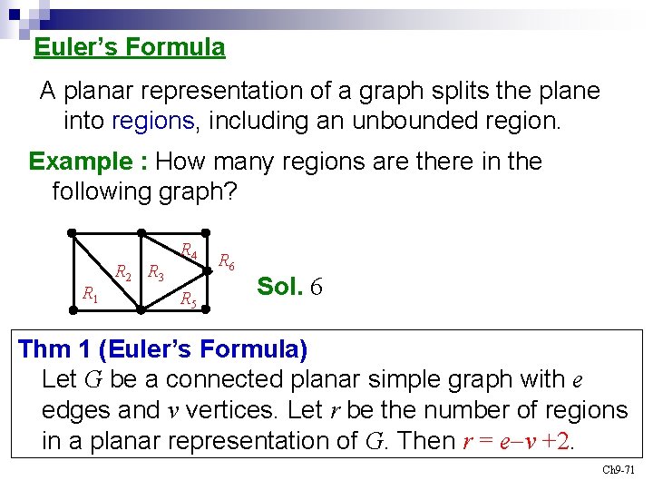 Euler’s Formula A planar representation of a graph splits the plane into regions, including