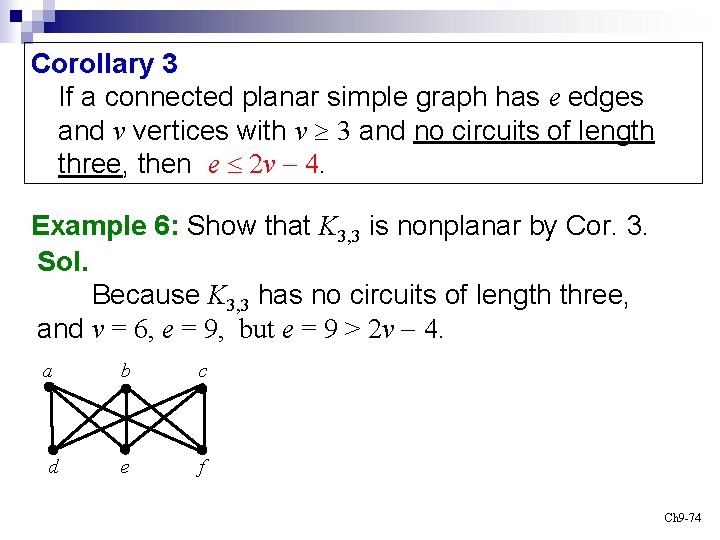 Corollary 3 If a connected planar simple graph has e edges and v vertices