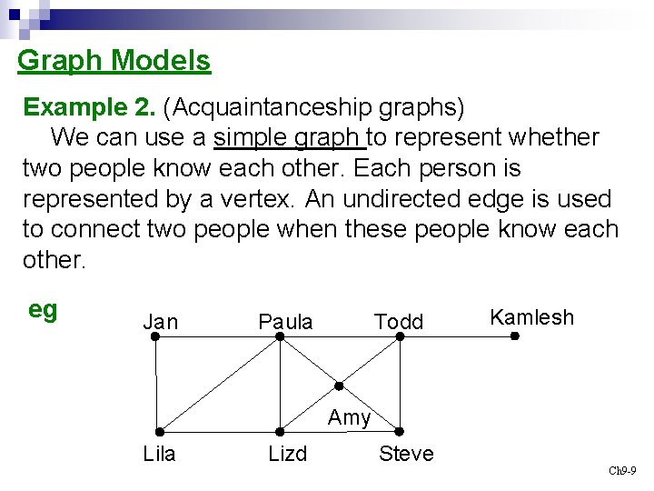 Graph Models Example 2. (Acquaintanceship graphs) We can use a simple graph to represent