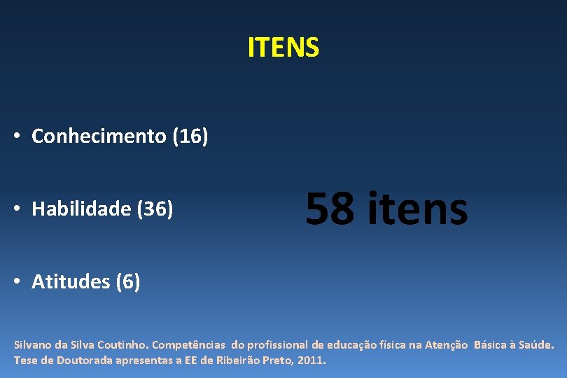 ITENS • Conhecimento (16) • Habilidade (36) 58 itens • Atitudes (6) Silvano da ITENS • Conhecimento (16) • Habilidade (36) 58 itens • Atitudes (6) Silvano da