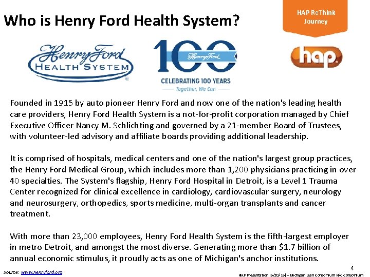 Who is Henry Ford Health System? HAP Re. Think Journey Founded in 1915 by