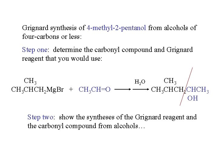 Grignard synthesis of 4 -methyl-2 -pentanol from alcohols of four-carbons or less: Step one: Grignard synthesis of 4 -methyl-2 -pentanol from alcohols of four-carbons or less: Step one: