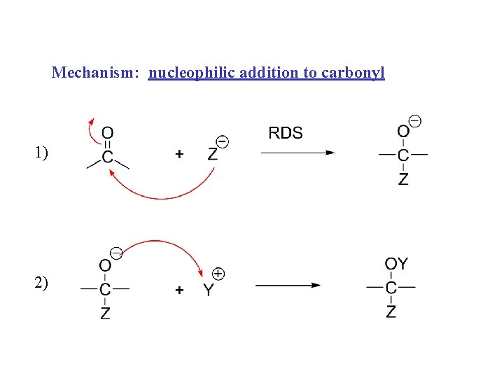 Mechanism: nucleophilic addition to carbonyl 1) 2) Mechanism: nucleophilic addition to carbonyl 1) 2)