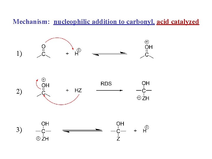 Mechanism: nucleophilic addition to carbonyl, acid catalyzed 1) 2) 3) Mechanism: nucleophilic addition to carbonyl, acid catalyzed 1) 2) 3)