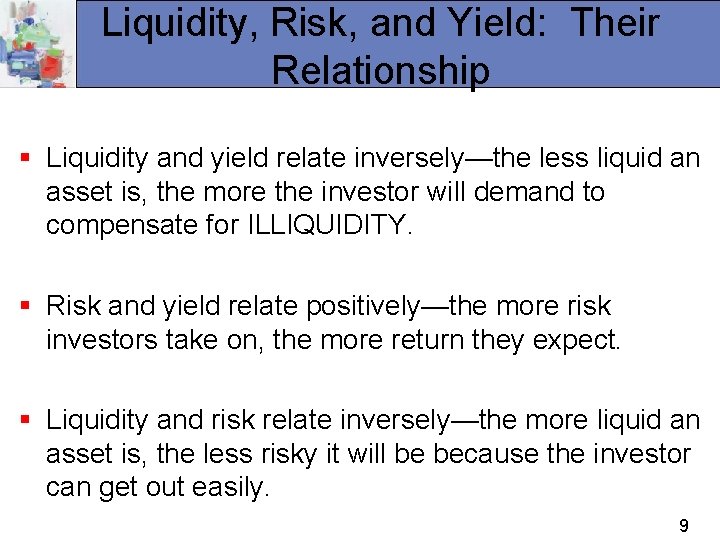 Liquidity, Risk, and Yield: Their Relationship § Liquidity and yield relate inversely—the less liquid