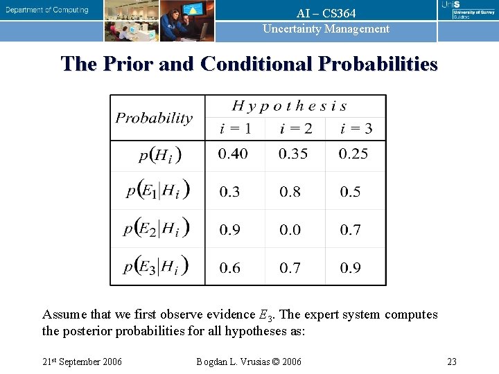 AI – CS 364 Uncertainty Management The Prior and Conditional Probabilities Assume that we