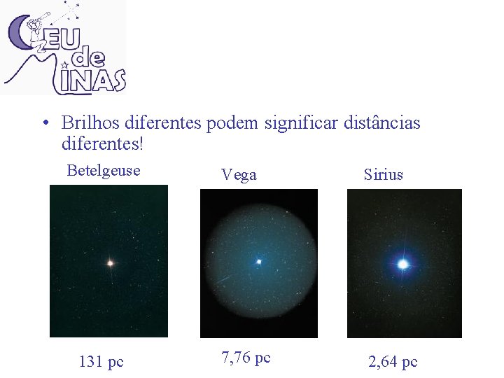  • Brilhos diferentes podem significar distâncias diferentes! Betelgeuse 131 pc Vega Sirius 7,