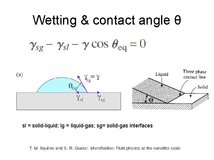 Wetting & contact angle θ sl = solid-liquid; lg = liquid-gas; sg= solid-gas interfaces