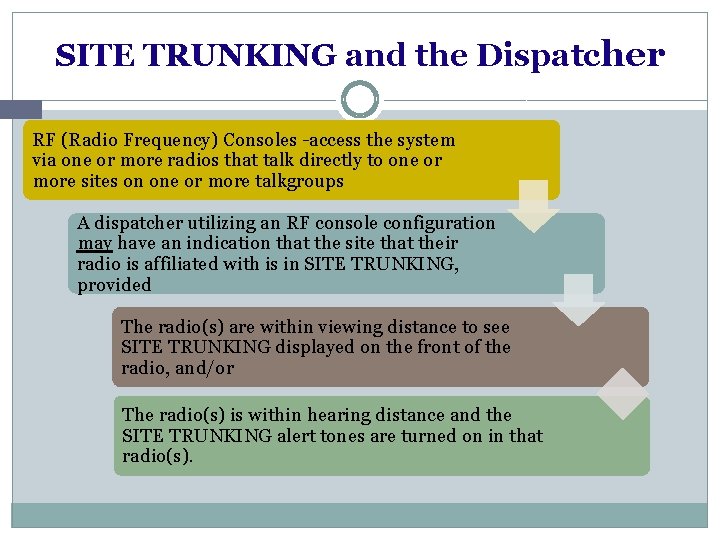 SITE TRUNKING and the Dispatcher RF (Radio Frequency) Consoles -access the system via one