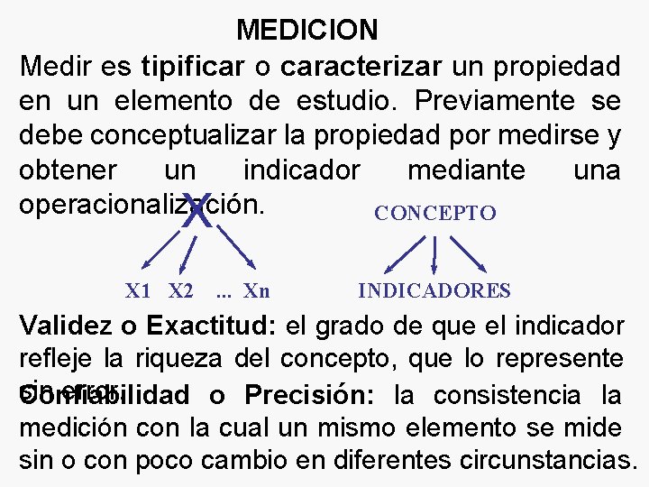 MEDICION Medir es tipificar o caracterizar un propiedad en un elemento de estudio. Previamente