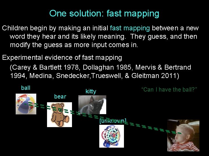 One solution: fast mapping Children begin by making an initial fast mapping between a One solution: fast mapping Children begin by making an initial fast mapping between a
