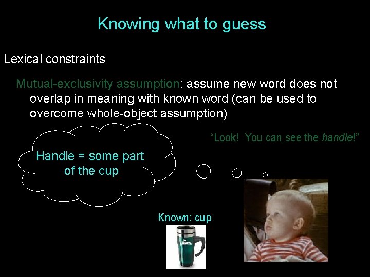 Knowing what to guess Lexical constraints Mutual-exclusivity assumption: assume new word does not overlap Knowing what to guess Lexical constraints Mutual-exclusivity assumption: assume new word does not overlap