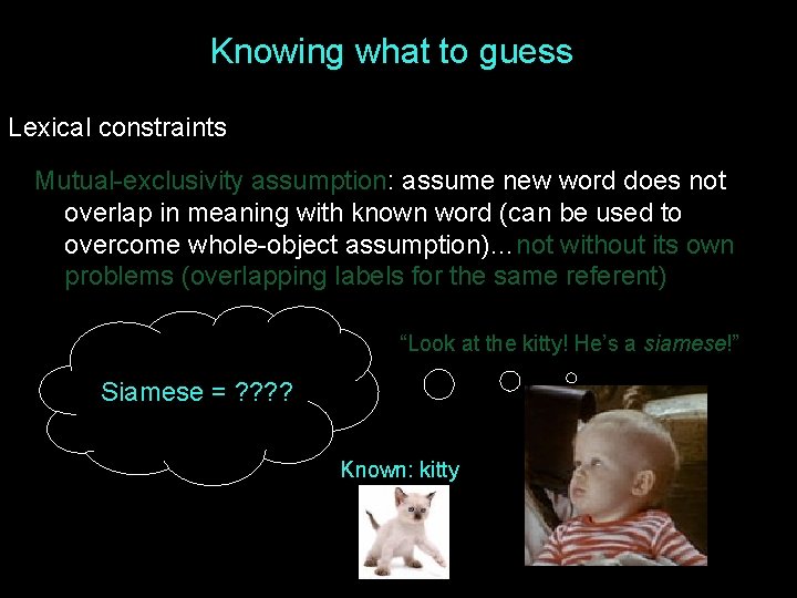 Knowing what to guess Lexical constraints Mutual-exclusivity assumption: assume new word does not overlap Knowing what to guess Lexical constraints Mutual-exclusivity assumption: assume new word does not overlap