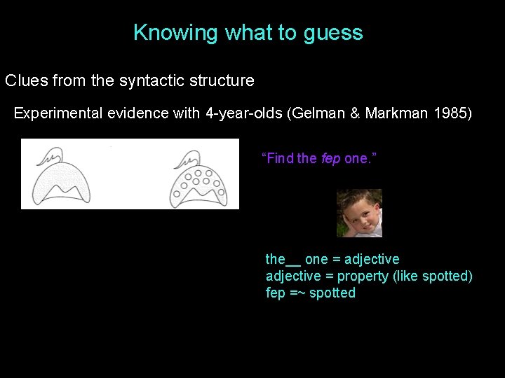 Knowing what to guess Clues from the syntactic structure Experimental evidence with 4 -year-olds Knowing what to guess Clues from the syntactic structure Experimental evidence with 4 -year-olds