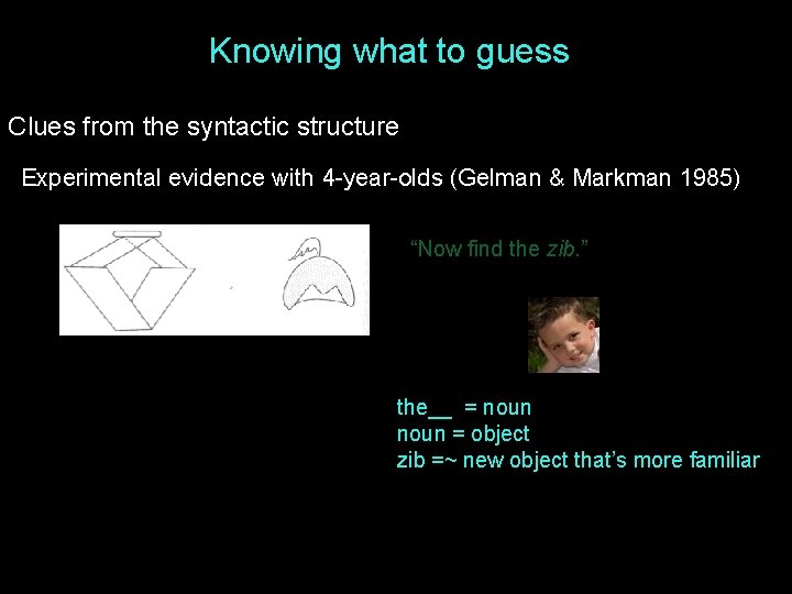Knowing what to guess Clues from the syntactic structure Experimental evidence with 4 -year-olds Knowing what to guess Clues from the syntactic structure Experimental evidence with 4 -year-olds