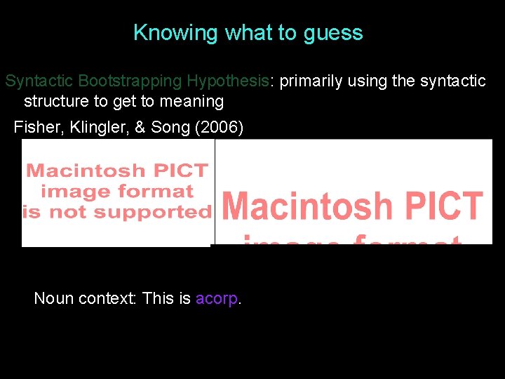 Knowing what to guess Syntactic Bootstrapping Hypothesis: primarily using the syntactic structure to get Knowing what to guess Syntactic Bootstrapping Hypothesis: primarily using the syntactic structure to get