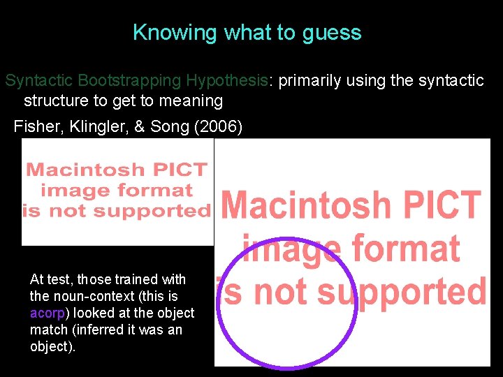 Knowing what to guess Syntactic Bootstrapping Hypothesis: primarily using the syntactic structure to get Knowing what to guess Syntactic Bootstrapping Hypothesis: primarily using the syntactic structure to get