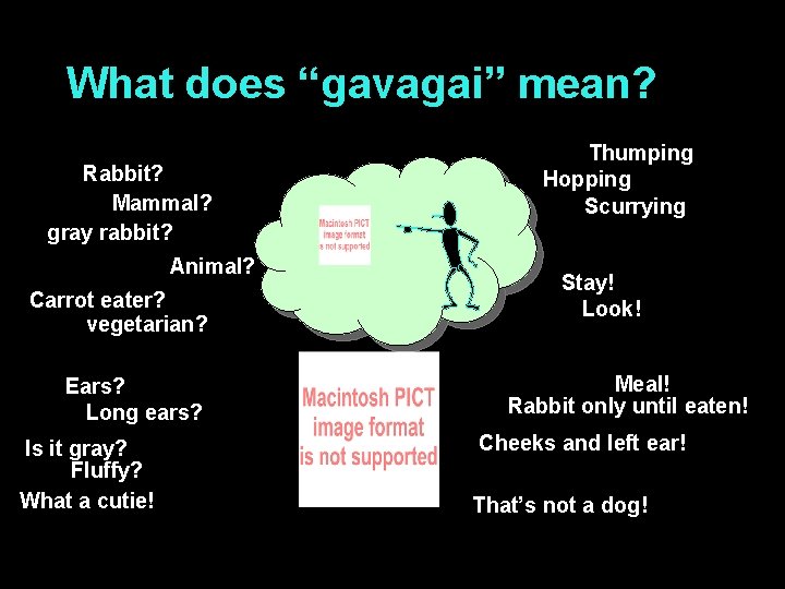 What does “gavagai” mean? Rabbit? Mammal? gray rabbit? Animal? Carrot eater? vegetarian? Ears? Long What does “gavagai” mean? Rabbit? Mammal? gray rabbit? Animal? Carrot eater? vegetarian? Ears? Long