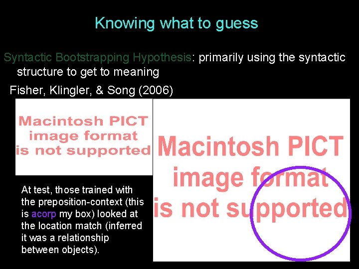 Knowing what to guess Syntactic Bootstrapping Hypothesis: primarily using the syntactic structure to get Knowing what to guess Syntactic Bootstrapping Hypothesis: primarily using the syntactic structure to get