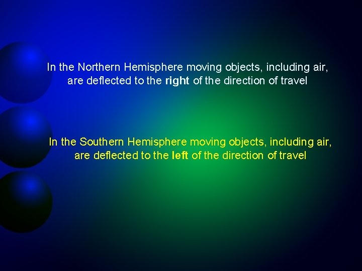 In the Northern Hemisphere moving objects, including air, are deflected to the right of