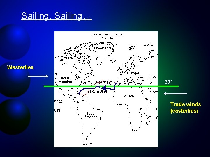 Sailing, Sailing… Westerlies 30 o Trade winds (easterlies) 