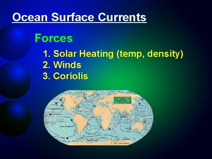 Ocean Surface Currents Forces 1. Solar Heating (temp, density) 2. Winds 3. Coriolis 