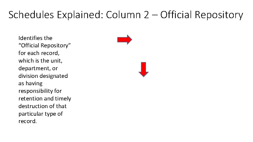 Schedules Explained: Column 2 – Official Repository Identifies the “Official Repository” for each record,