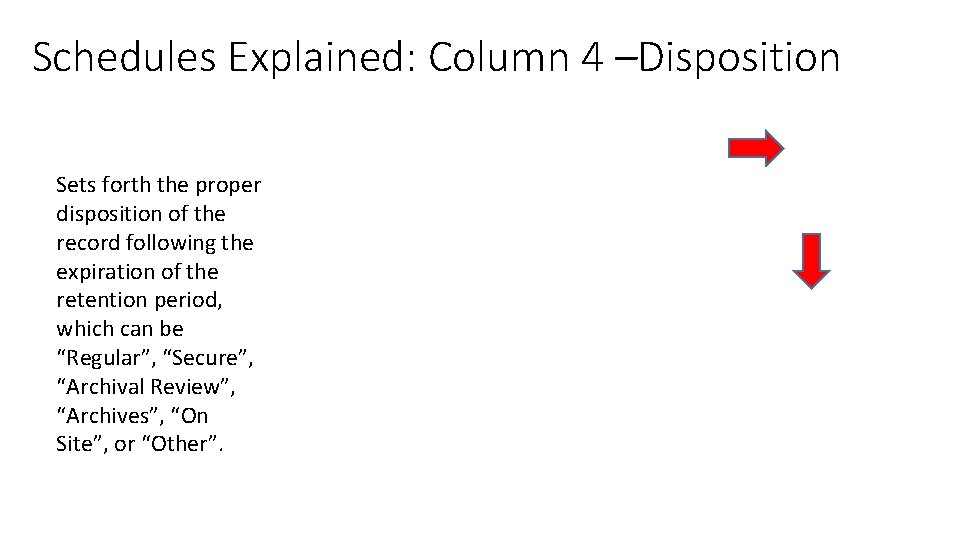 Schedules Explained: Column 4 –Disposition Sets forth the proper disposition of the record following