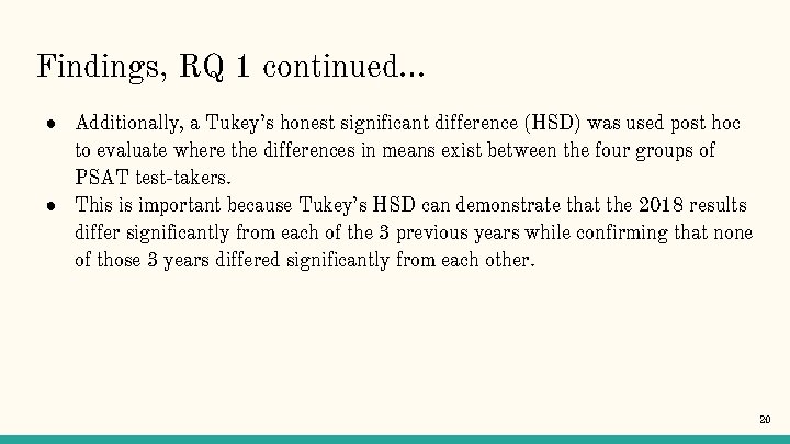 Findings, RQ 1 continued… ● Additionally, a Tukey’s honest significant difference (HSD) was used