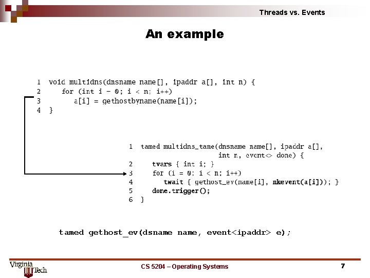 Threads vs. Events An example tamed gethost_ev(dsname, event<ipaddr> e); CS 5204 – Operating Systems