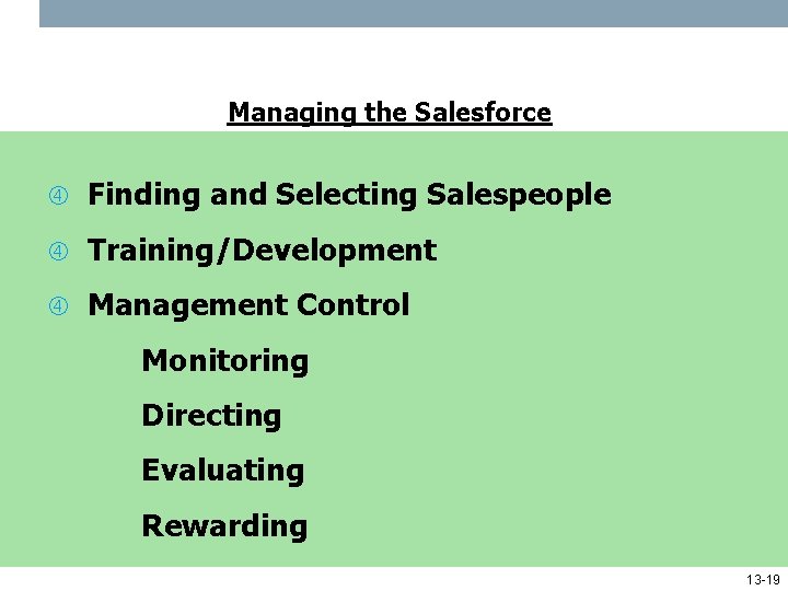 Managing the Salesforce Finding and Selecting Salespeople Training/Development Management Control Monitoring Directing Evaluating Rewarding
