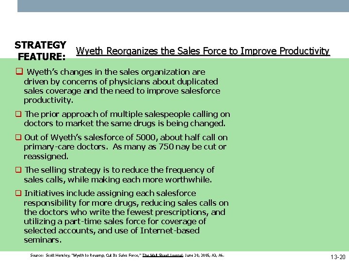 STRATEGY FEATURE: q Wyeth Reorganizes the Sales Force to Improve Productivity Wyeth’s changes in