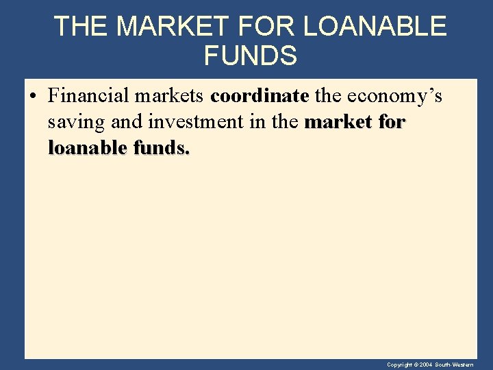 THE MARKET FOR LOANABLE FUNDS • Financial markets coordinate the economy’s saving and investment