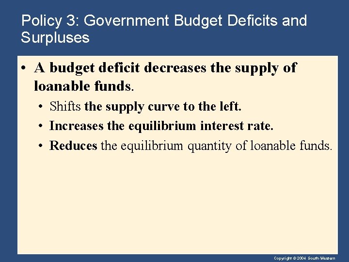 Policy 3: Government Budget Deficits and Surpluses • A budget deficit decreases the supply