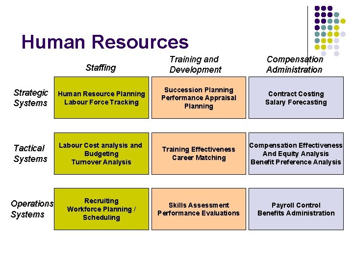 Human Resources Staffing Training and Development Compensation Administration Strategic Systems Human Resource Planning Labour