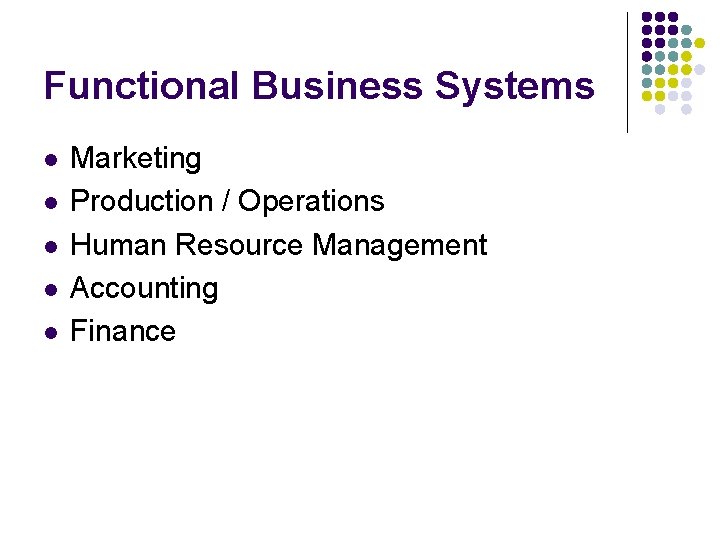 Functional Business Systems l l l Marketing Production / Operations Human Resource Management Accounting