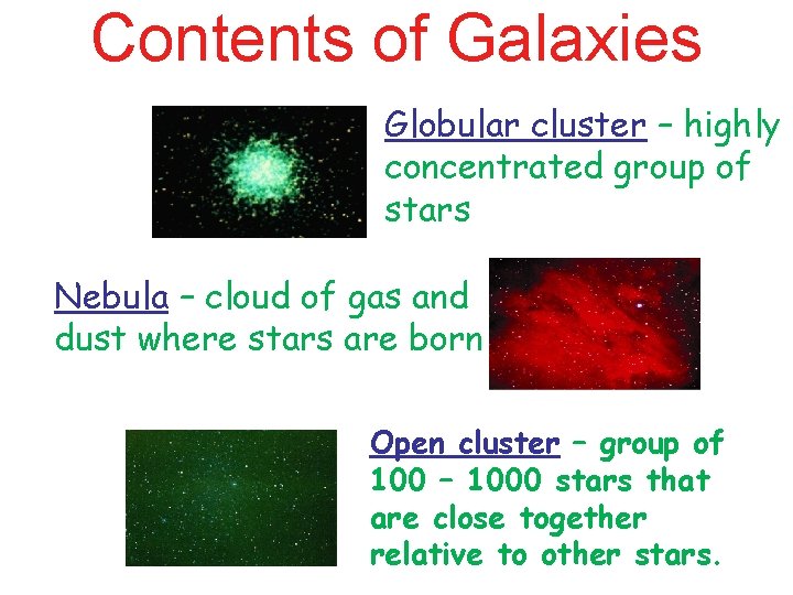 Contents of Galaxies Globular cluster – highly concentrated group of stars Nebula – cloud