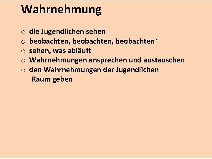 Wahrnehmung o o o die Jugendlichen sehen beobachten, beobachten* sehen, was abläuft Wahrnehmungen ansprechen