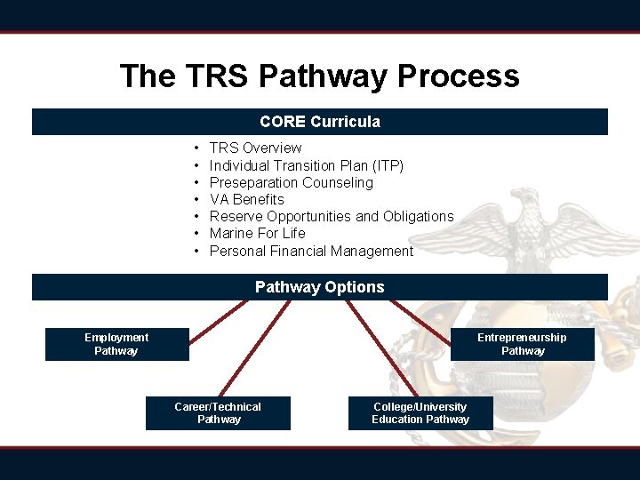 The TRS Pathway Process CORE Curricula • • TRS Overview Individual Transition Plan (ITP)