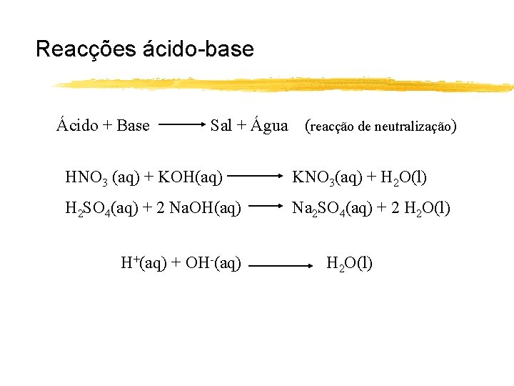 Reacções ácido-base Ácido + Base Sal + Água (reacção de neutralização) HNO 3 (aq)