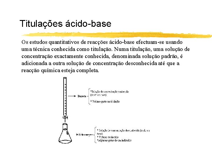 Titulações ácido-base Os estudos quantitativos de reacções ácido-base efectuam-se usando uma técnica conhecida como