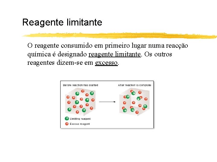 Reagente limitante O reagente consumido em primeiro lugar numa reacção química é designado reagente