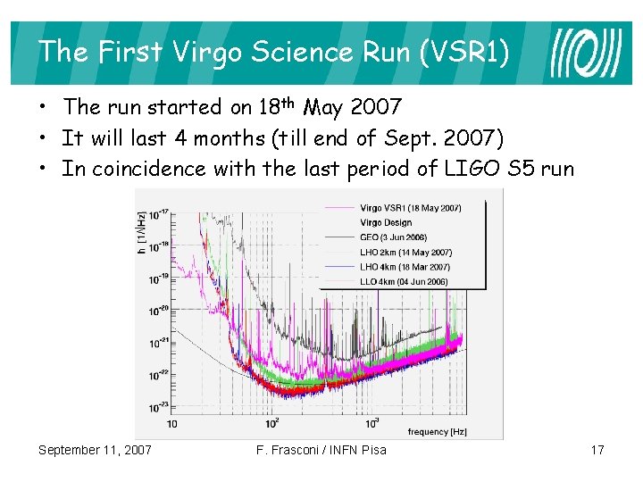 The First Virgo Science Run (VSR 1) • The run started on 18 th